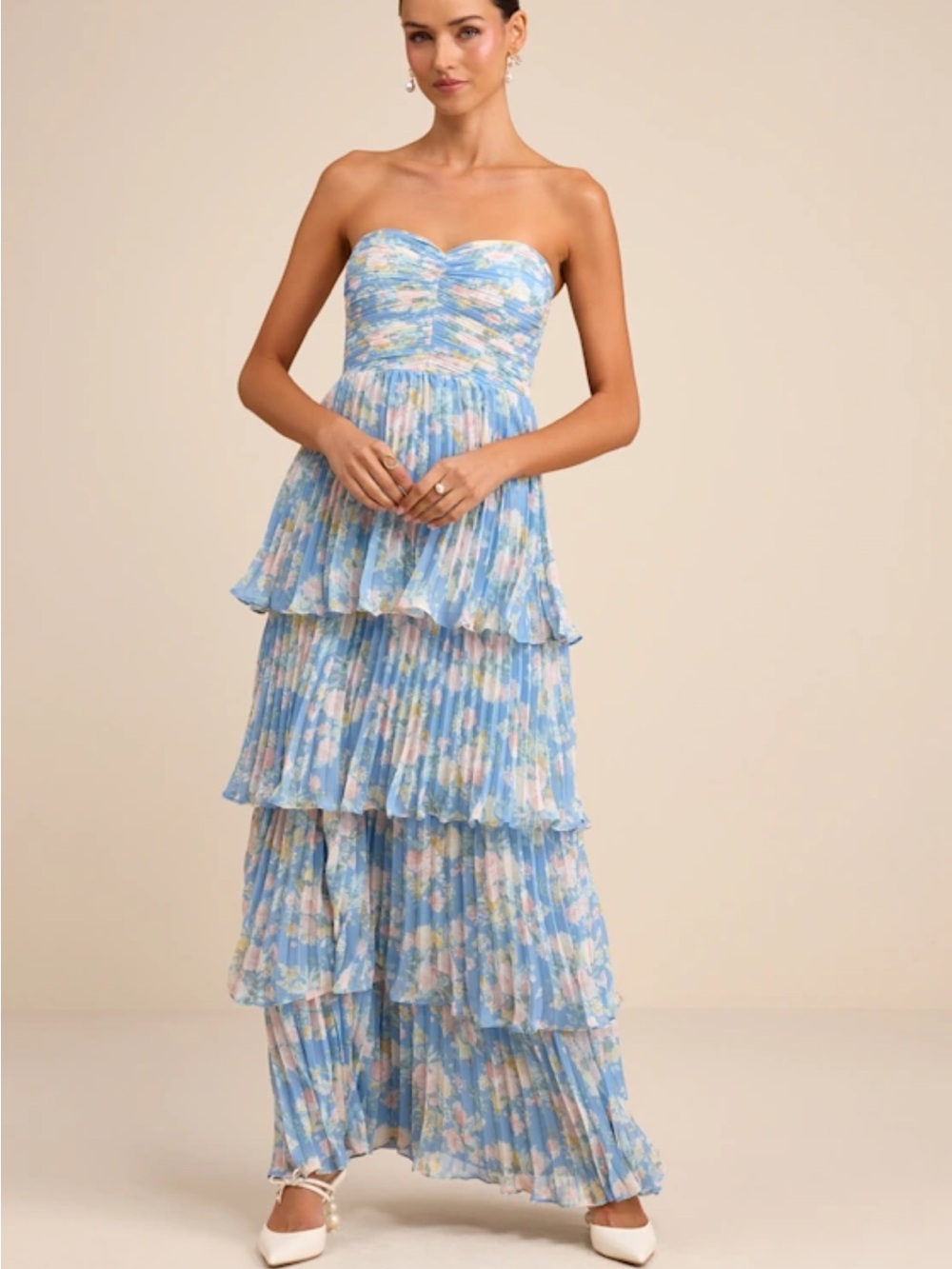 Lulus blue floral strapless formal dress